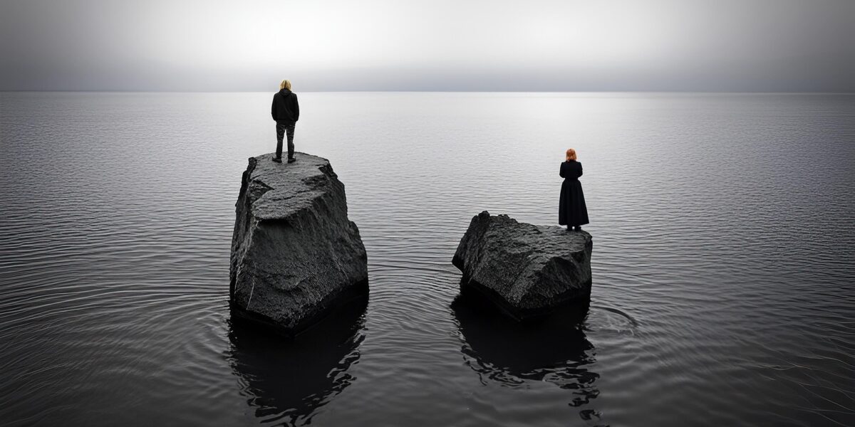 Dieses Bild symbolisiert die emotionale Distanz zwischen Ehepartnern nach einem Seitensprung oder während einer Trennung. Zwei Personen stehen getrennt auf Felsen im Wasser und blicken in unterschiedliche Richtungen – ein Sinnbild für eine zerrüttete Beziehung und die rechtlichen Fragen, die im Scheidungsverfahren entstehen können. Gerade bei einer Scheidung wegen Ehebruch stellt sich häufig die Frage, ob ein Seitensprung automatisch zum Scheidungsverschulden führt oder ob andere Umstände für die rechtliche Beurteilung entscheidend sind.